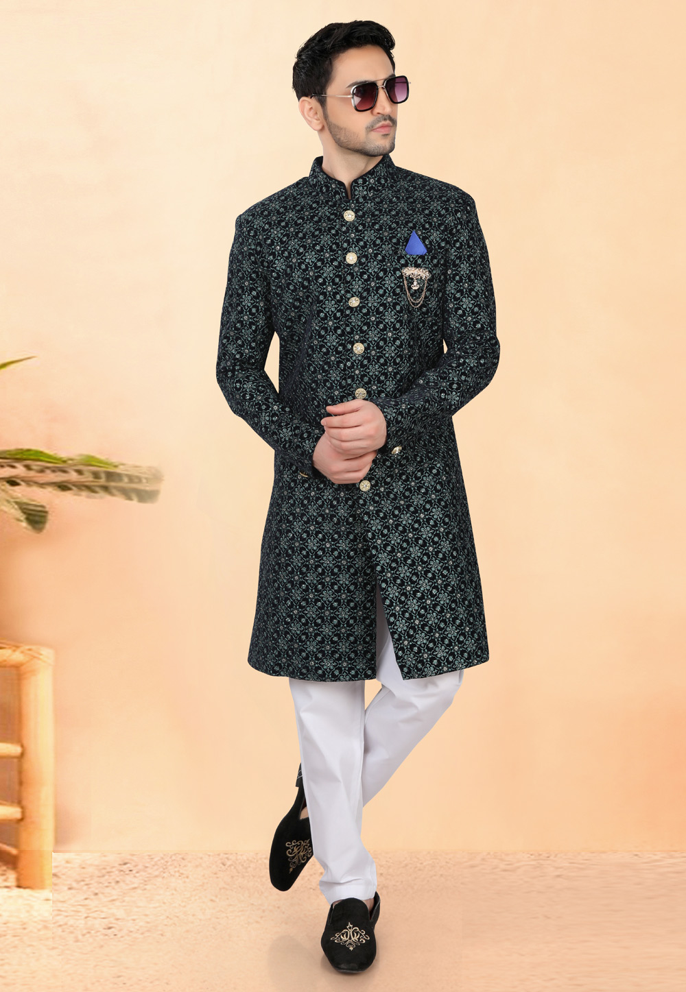 Navy Blue Velvet Indo Western Suit 308627