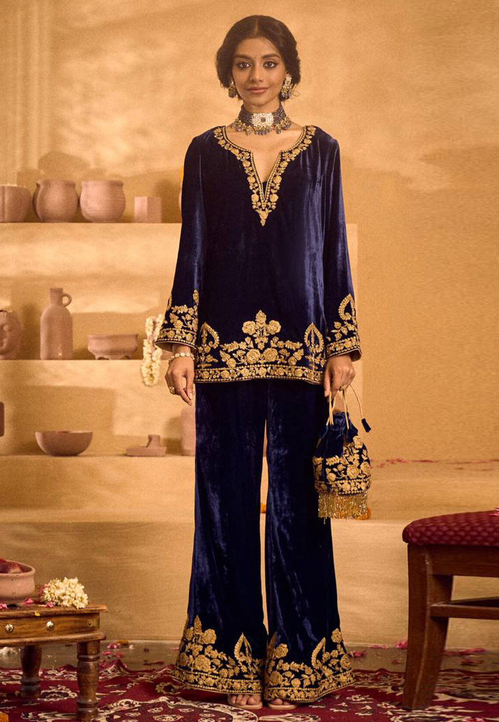 Navy Blue Velvet Kurta Set With Palazzo 321595