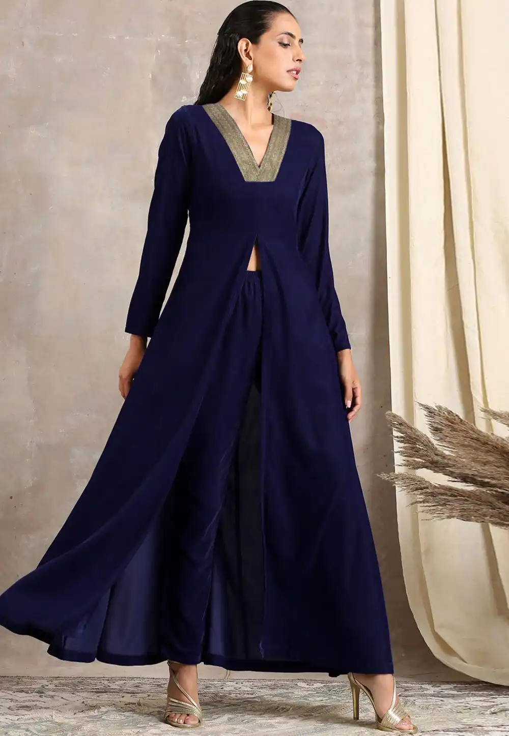 Navy Blue Velvet Kurta Set With Pant 306872