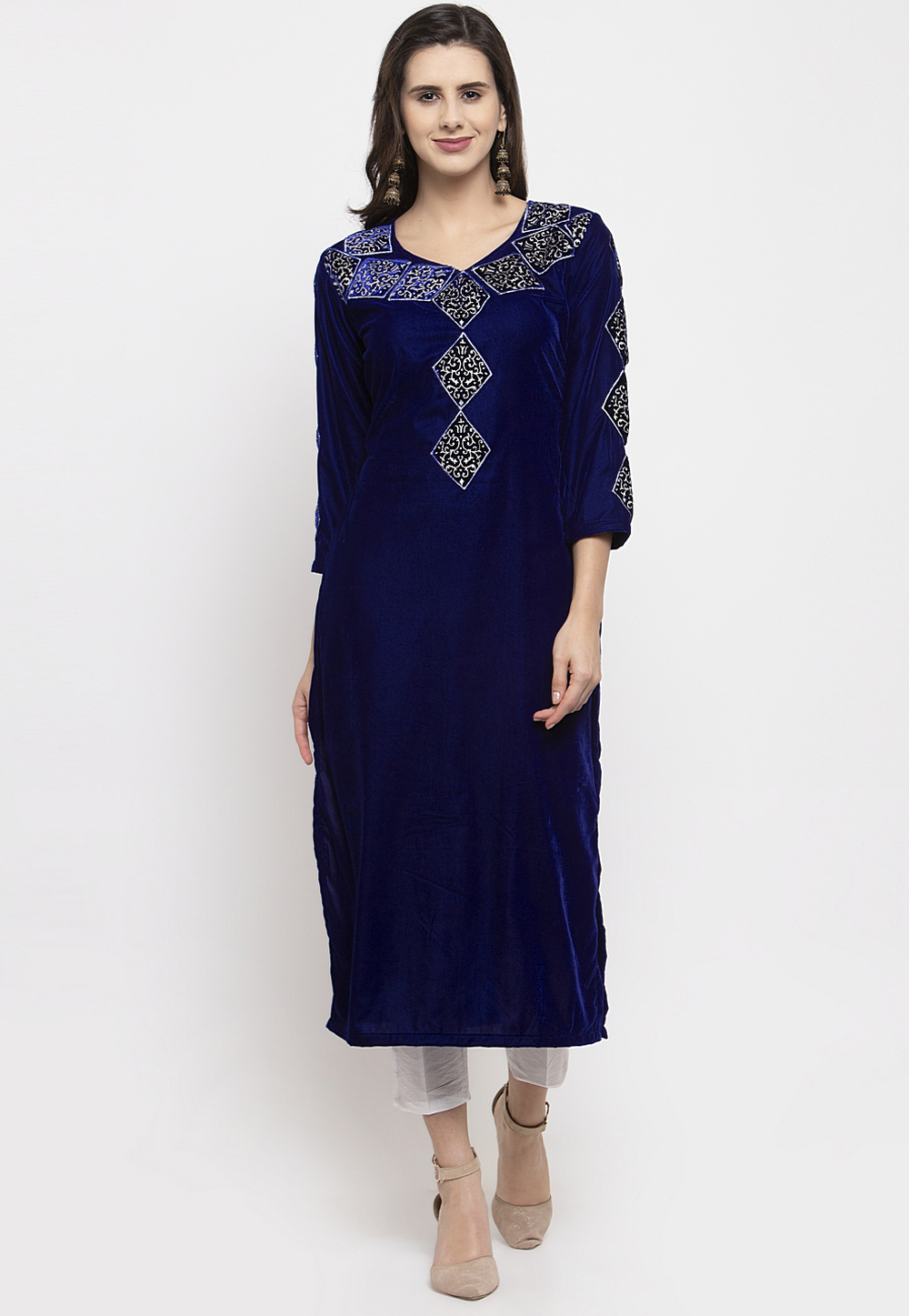 Navy Blue Velvet Kurta Set With Pent 284898