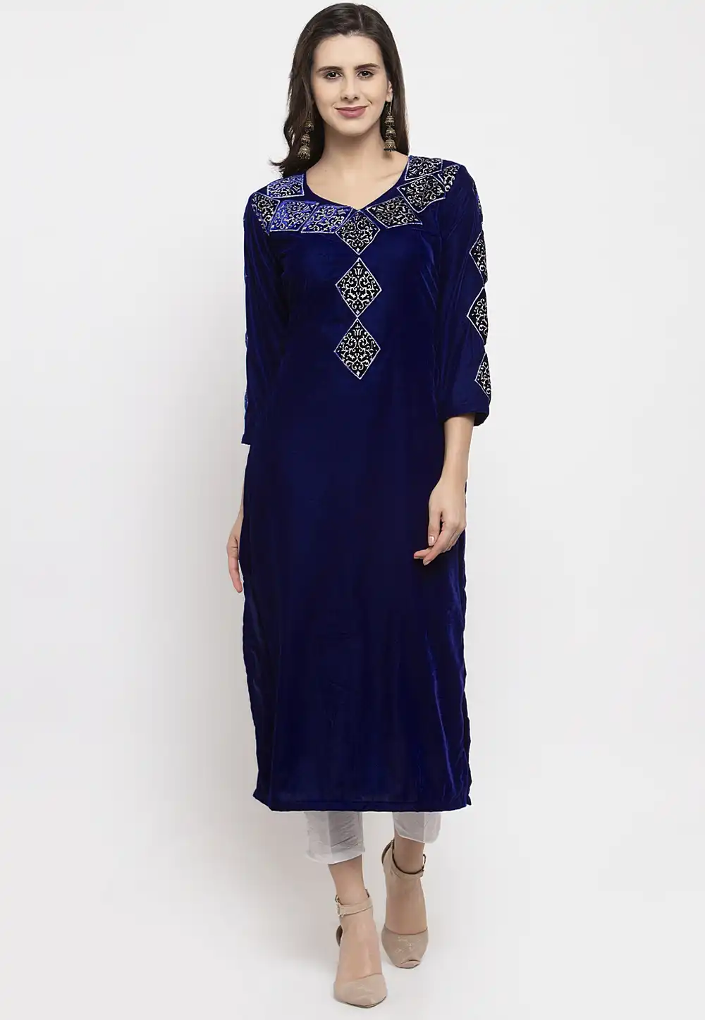 Navy Blue Velvet Kurta Set With Pant 284898