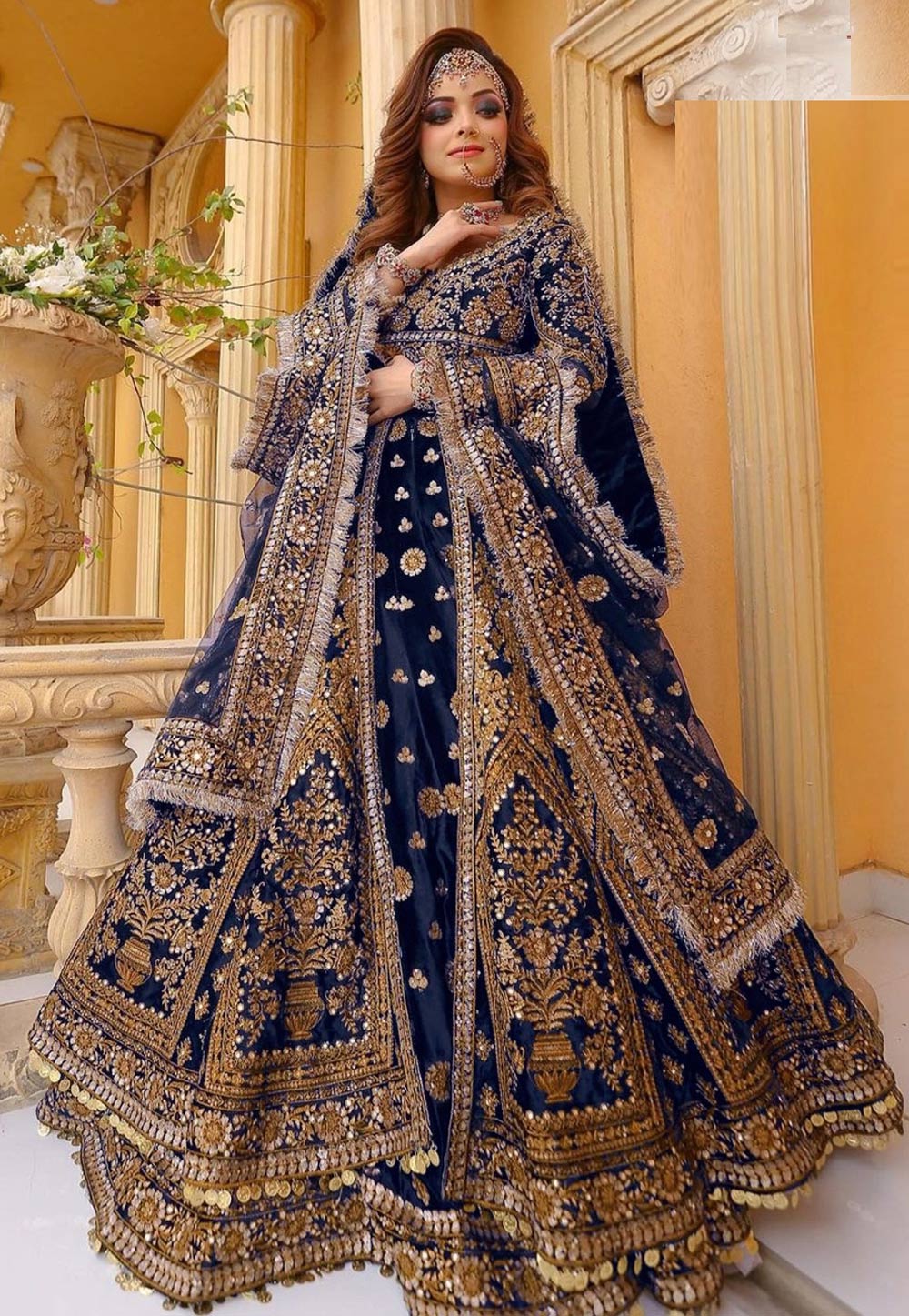 Navy Blue Velvet Long Choli Lehenga 308444