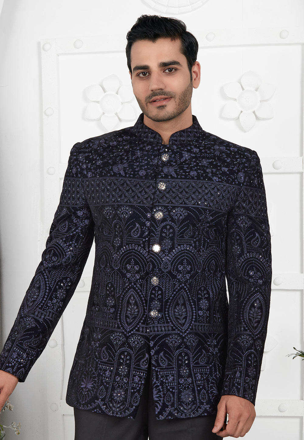 Navy Blue Velvet Bandhgala Jacket 280379