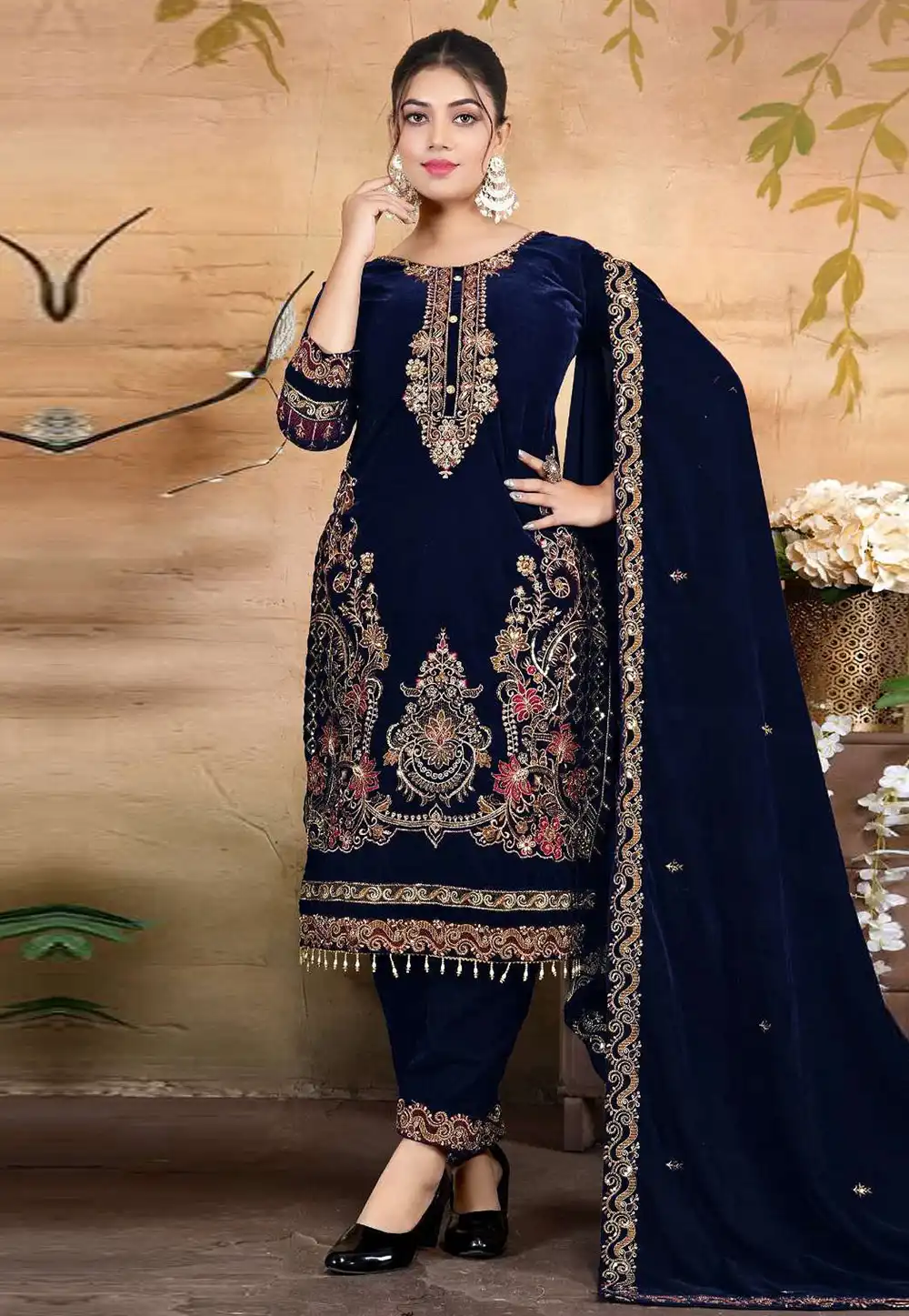 Navy Blue Velvet Pakistani Suit 322252