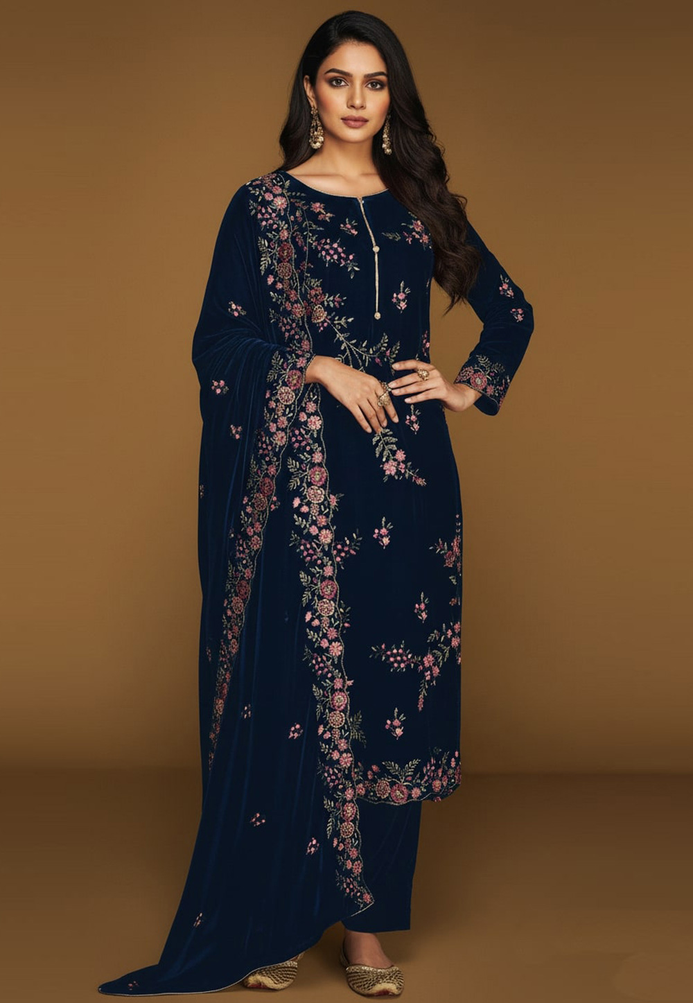 Navy Blue Velvet Pakistani Suit 322063