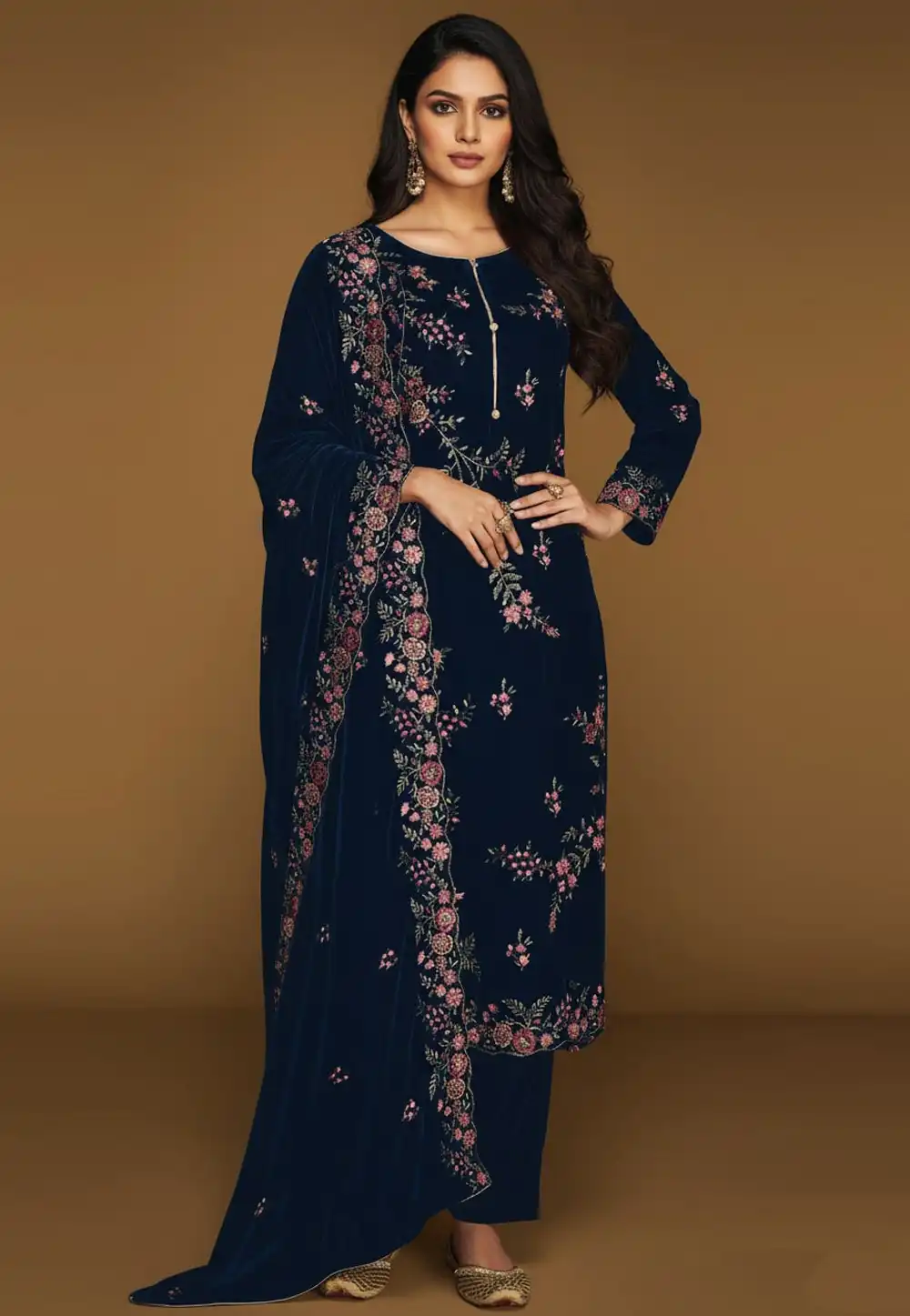 Navy Blue Velvet Pakistani Suit 322063