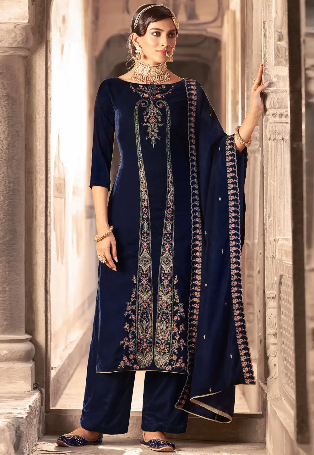 Navy Blue Velvet Pant Style Suit 311104