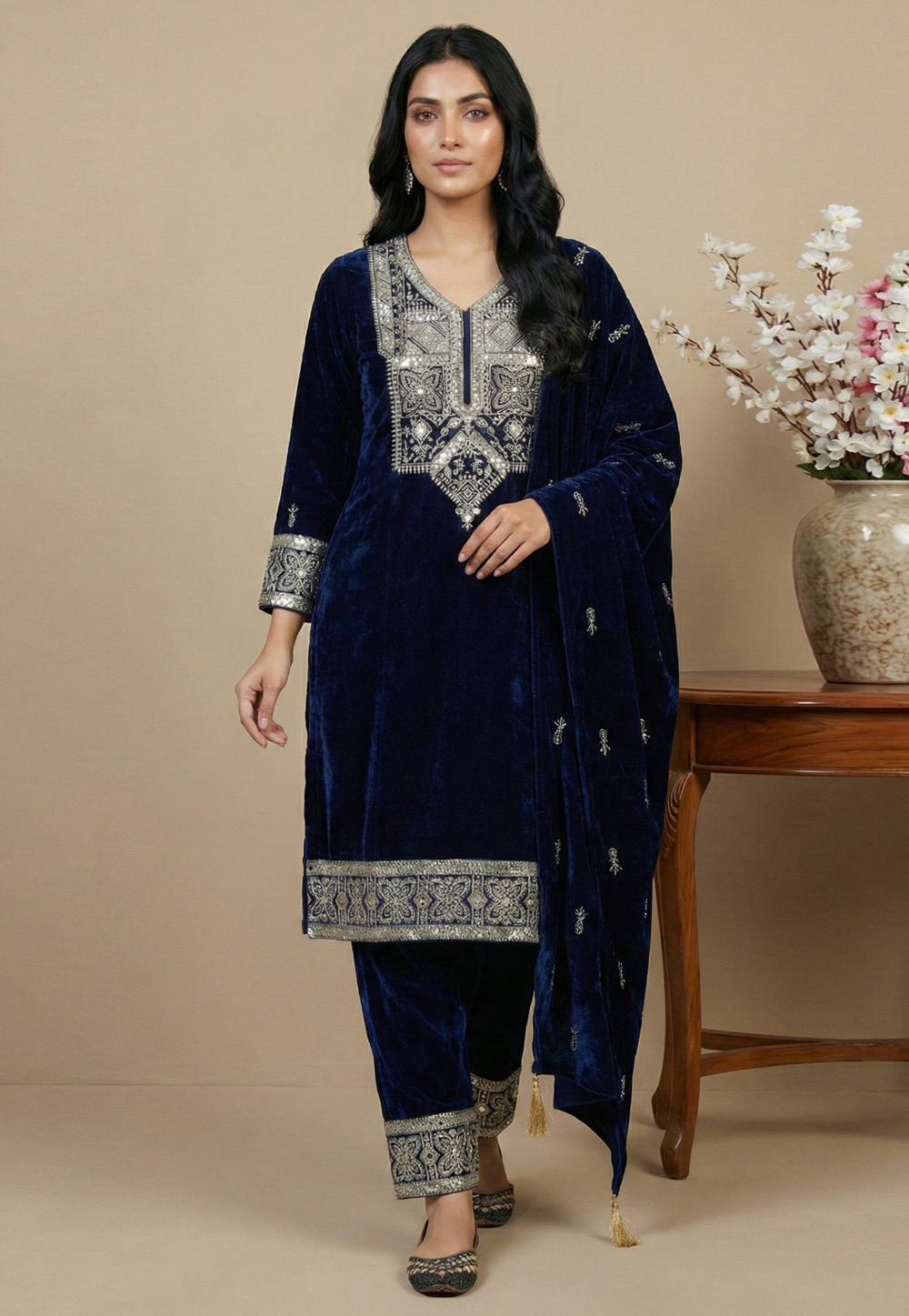 Navy Blue Velvet Readymade Pakistani Suit 323305