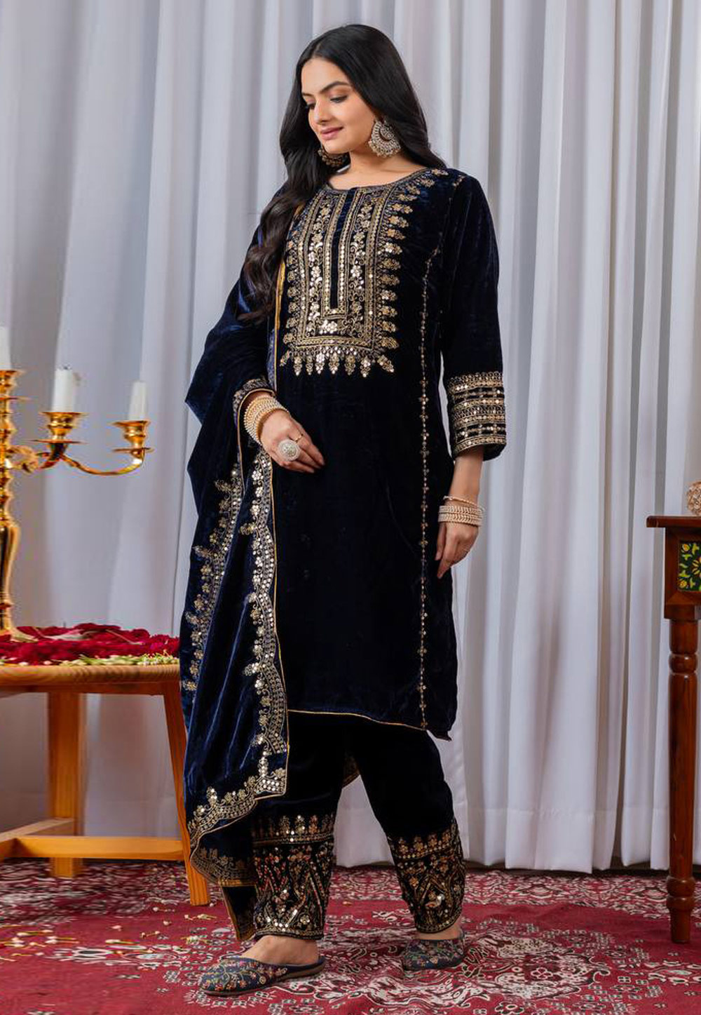 Navy Blue Velvet Readymade Pakistani Suit 319788