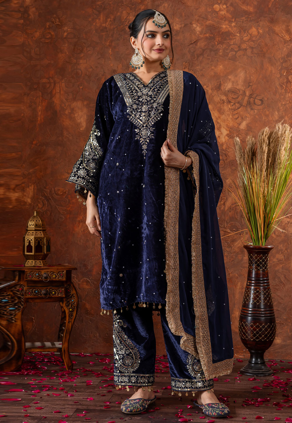 Navy Blue Velvet Readymade Designer Salwar Suit 322230