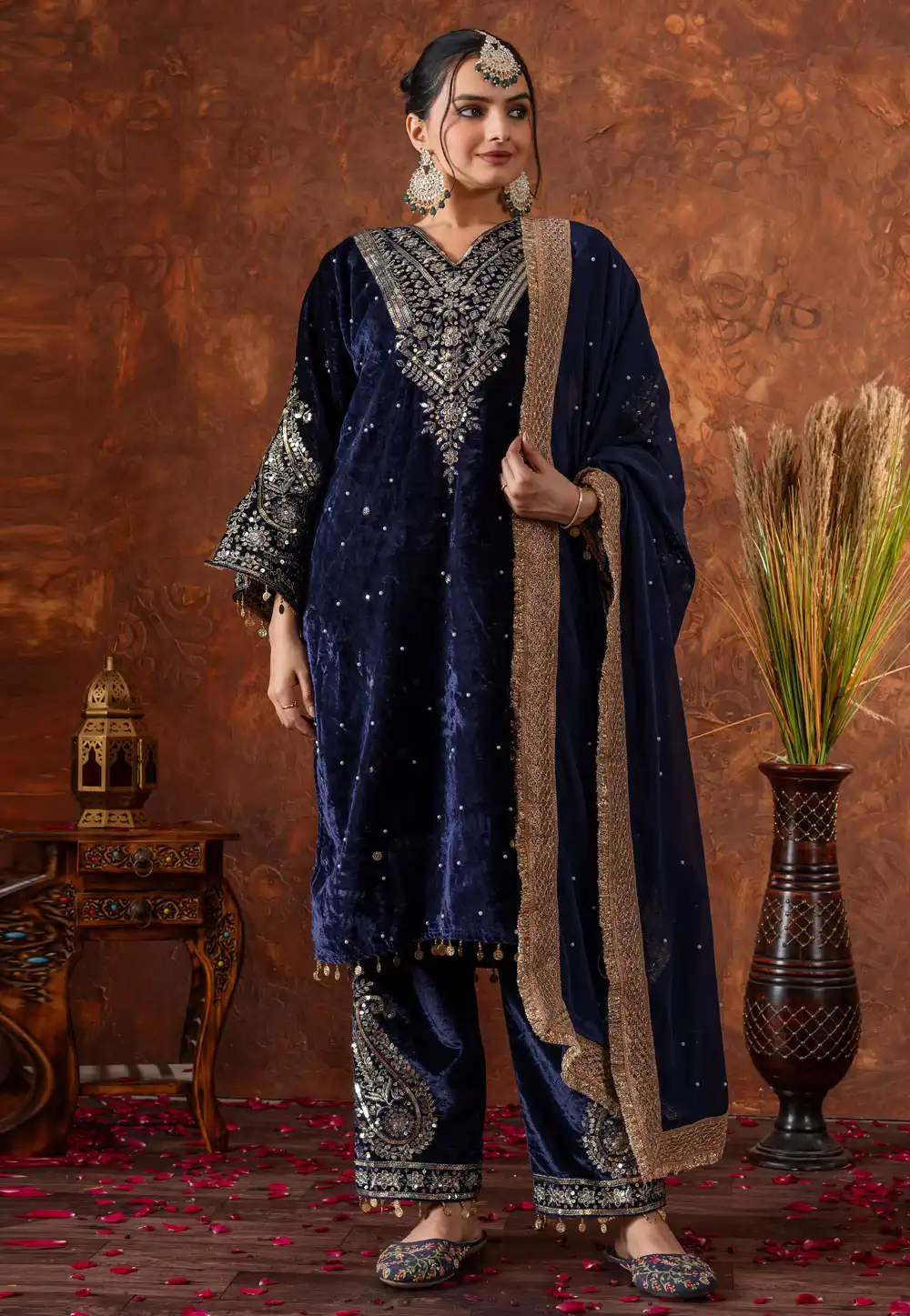 Navy Blue Velvet Readymade Designer Salwar Suit 322230