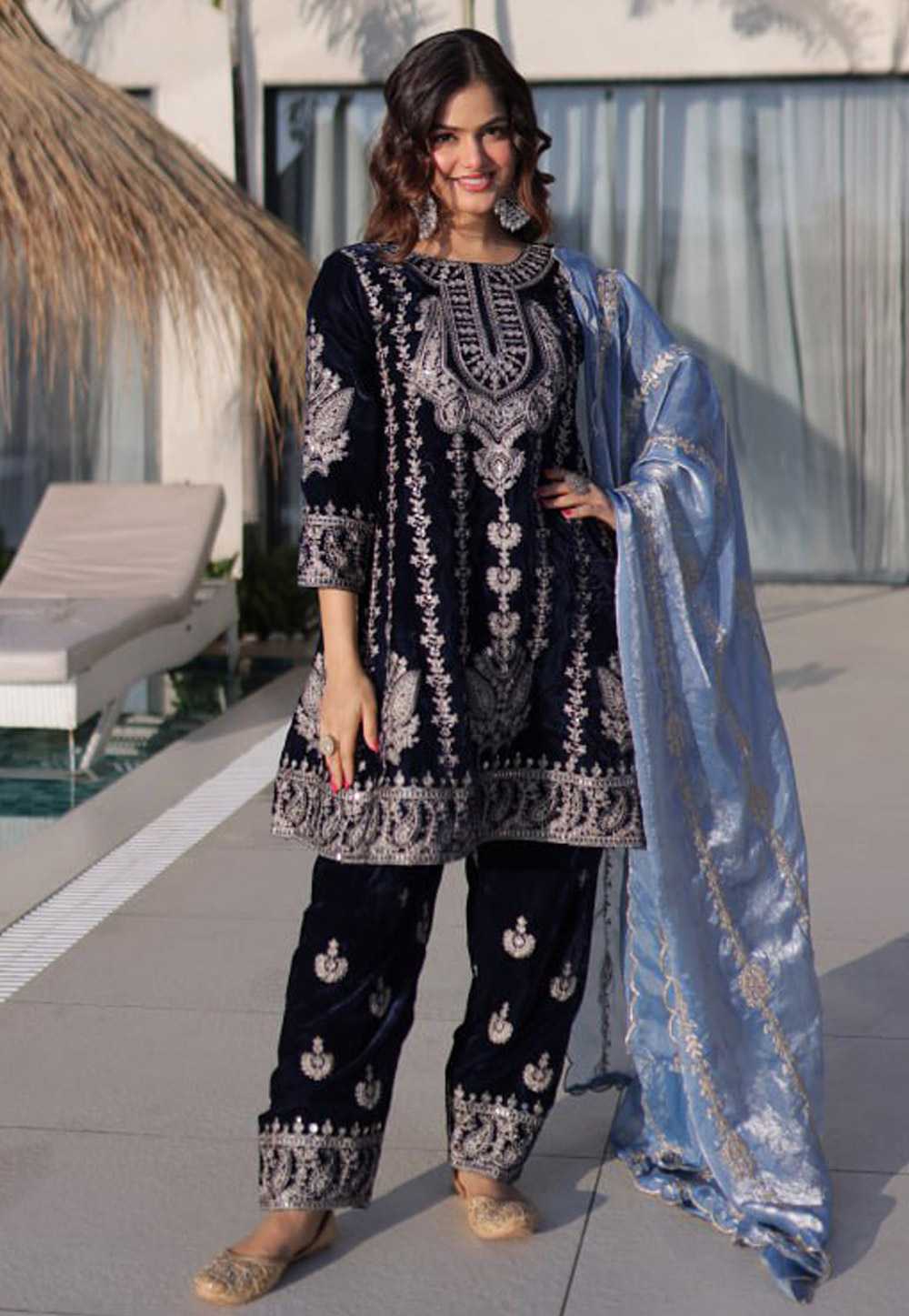 Navy Blue Velvet Readymade Pant Style Suit 322604