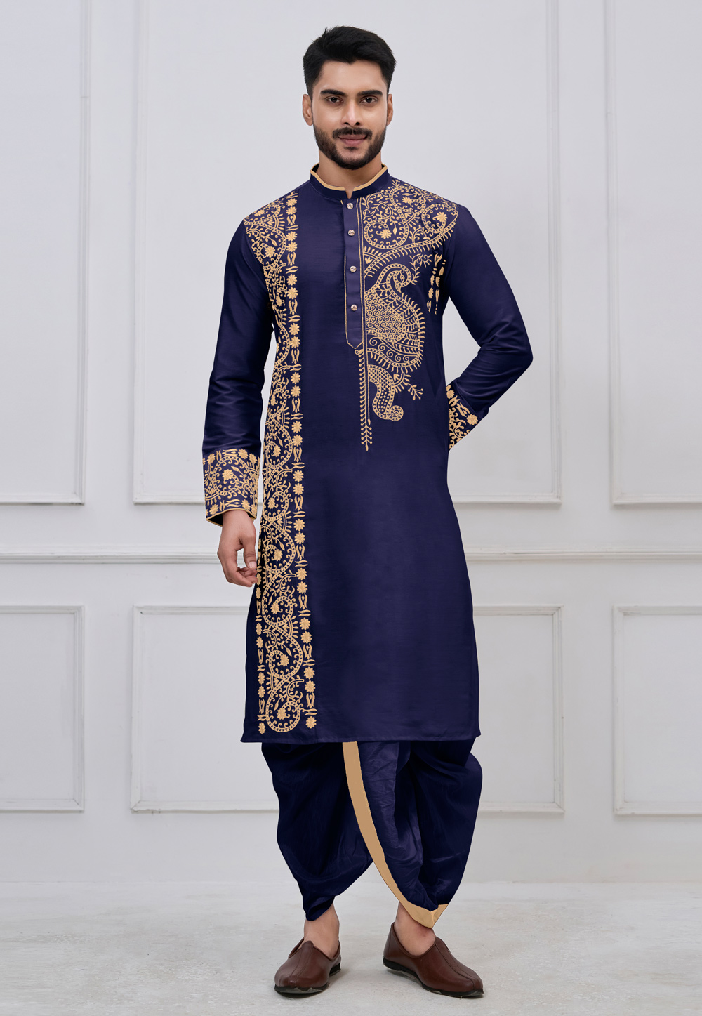 Navy Blue Viscose Bengali Dhoti Kurta 322852