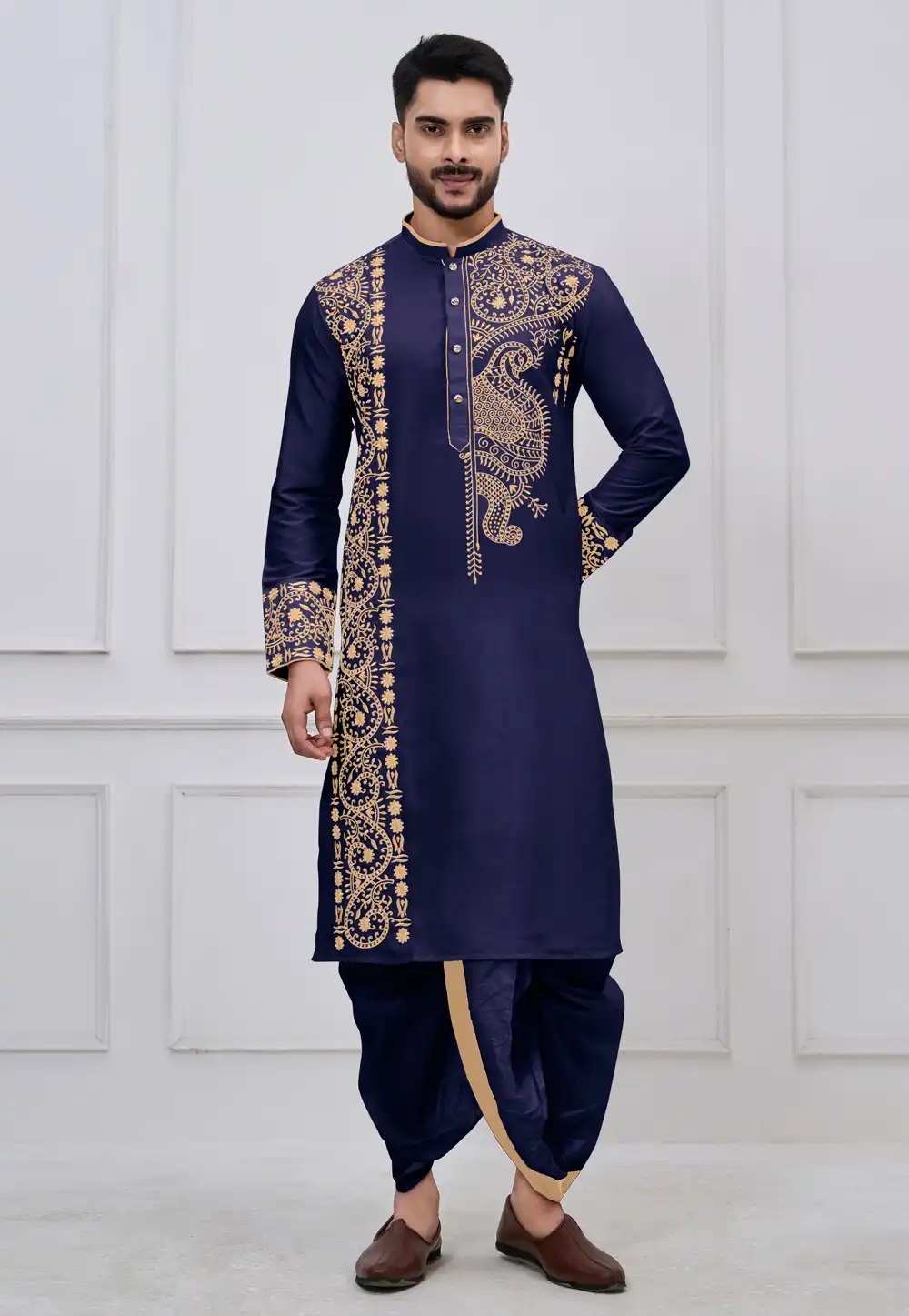 Navy Blue Viscose Bengali Dhoti Kurta 322852
