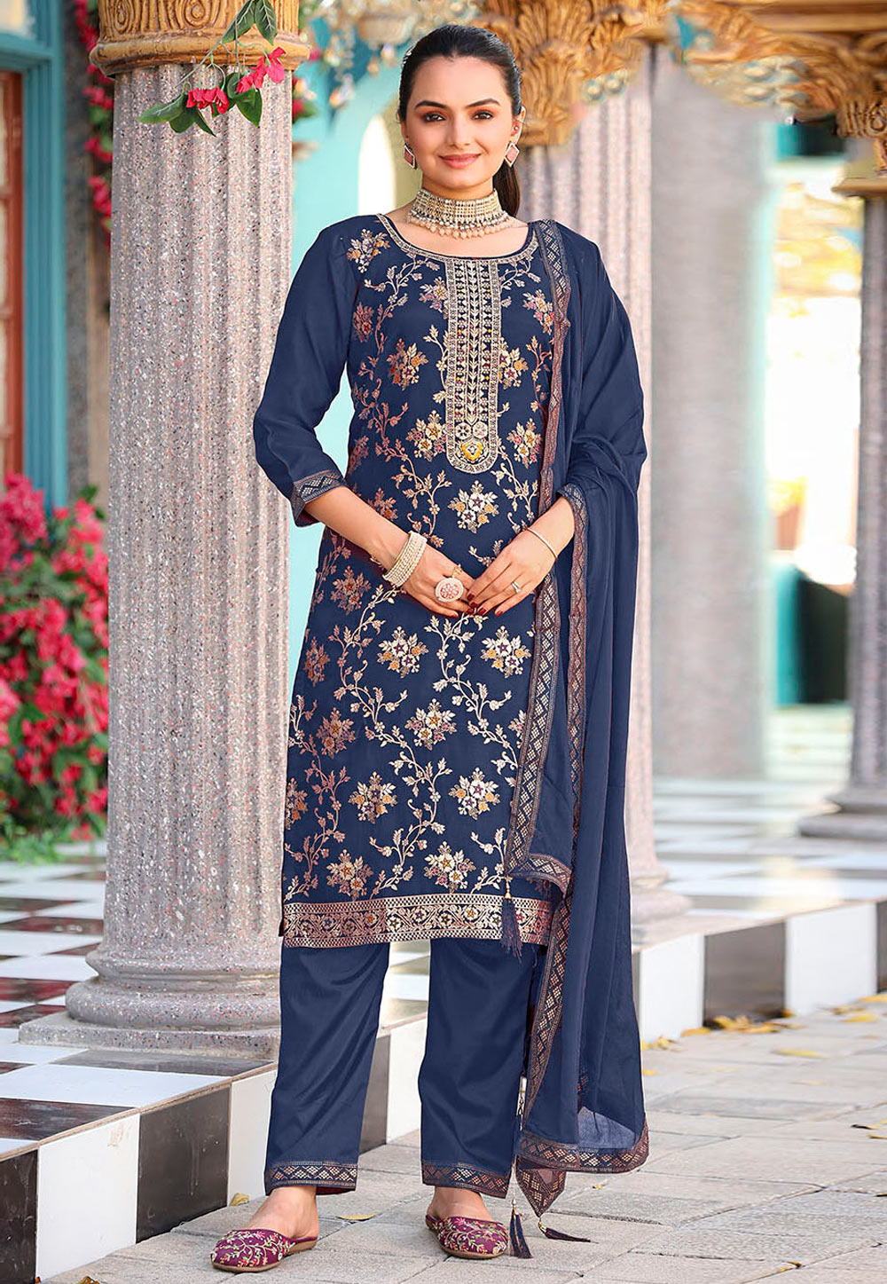 Navy Blue Viscose Jacquard Pant Style Suit 318817
