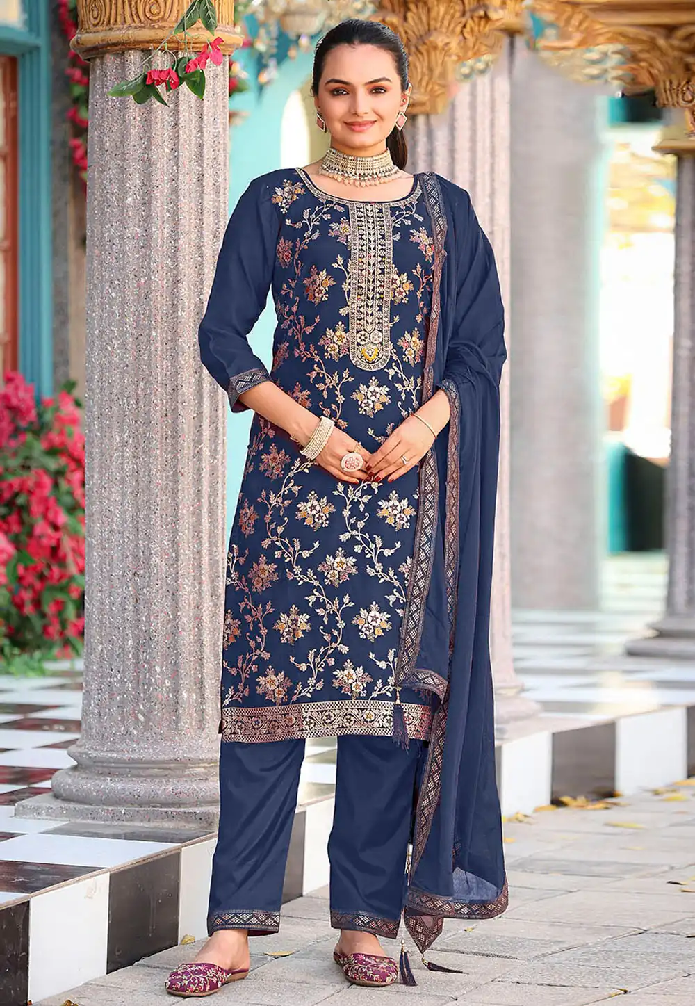 Navy Blue Viscose Jacquard Pant Style Suit 318817