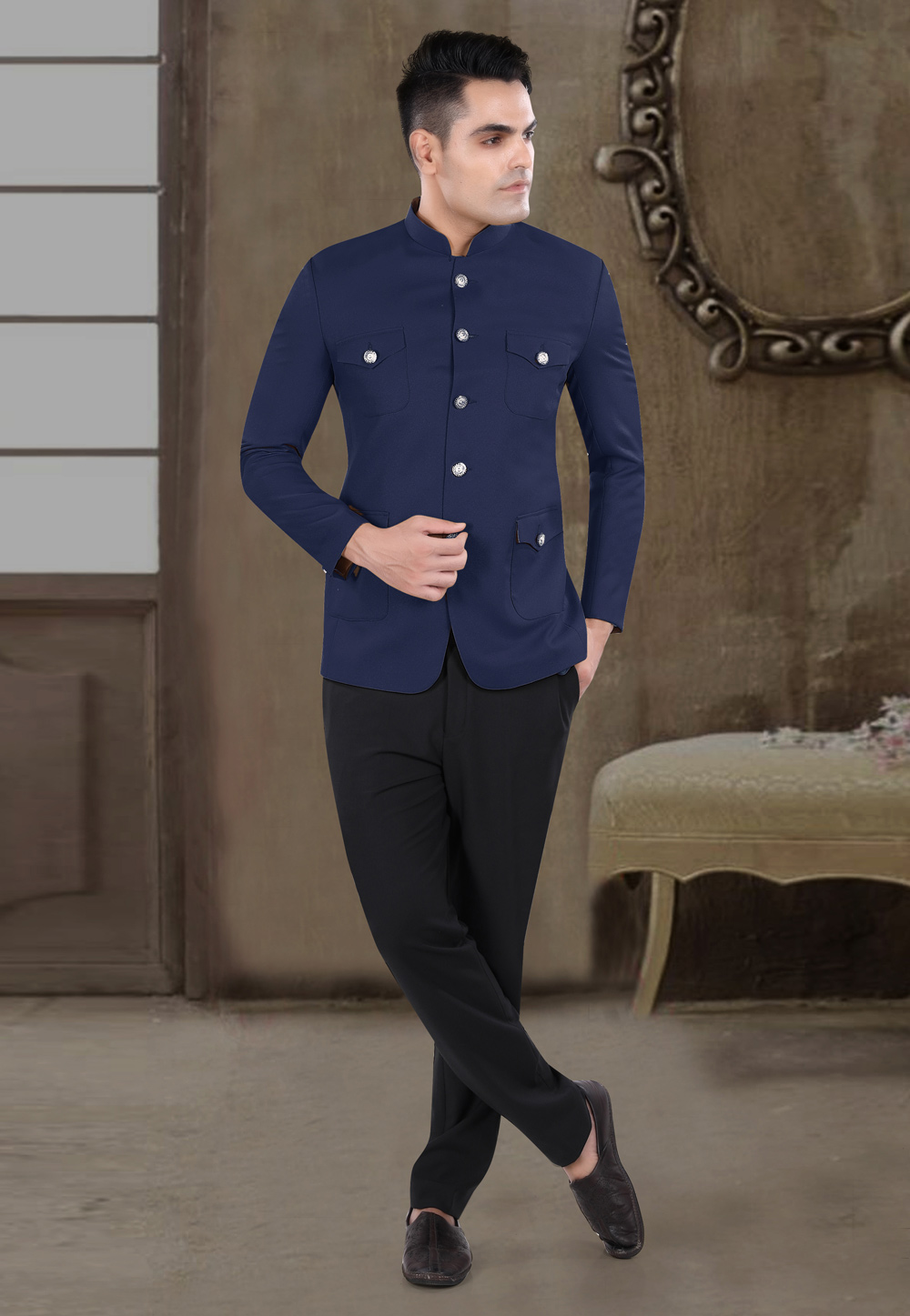 Navy Blue Viscose Jodhpuri Suit 306405