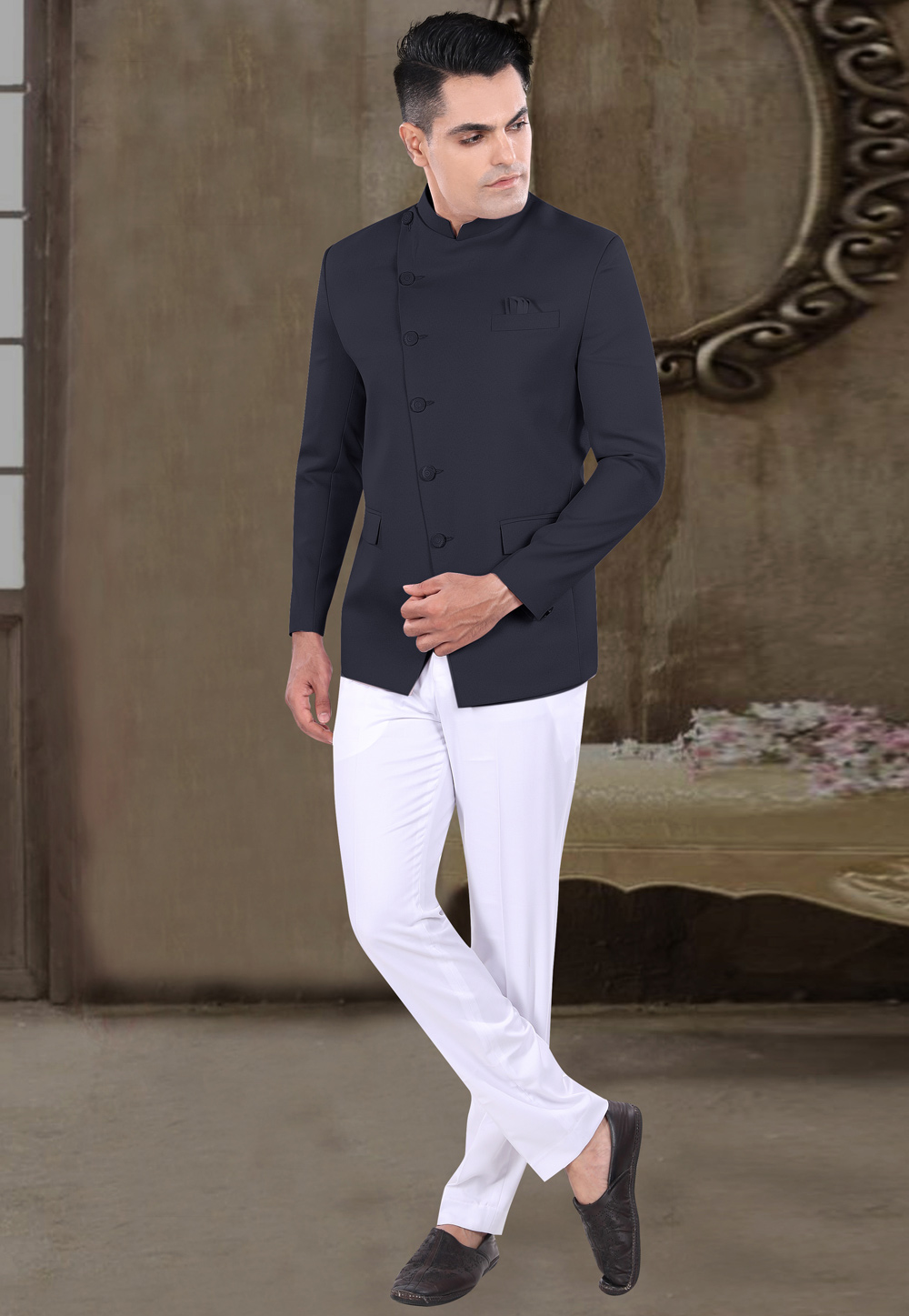 Navy Blue Viscose Jodhpuri Suit 306409