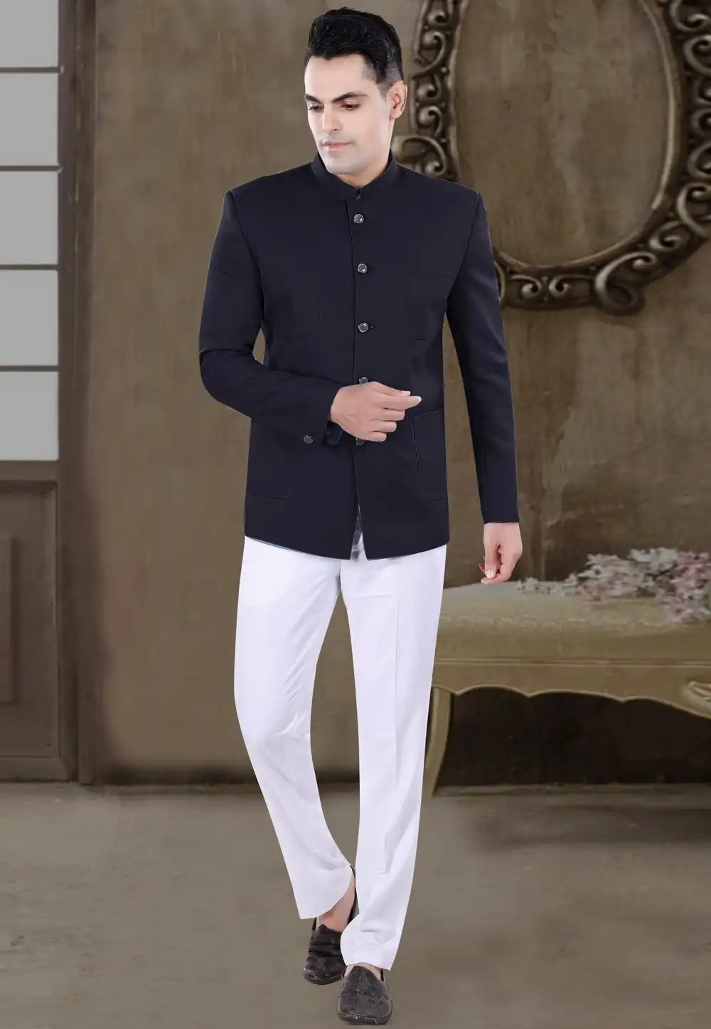 Navy Blue Viscose Jodhpuri Suit 306413