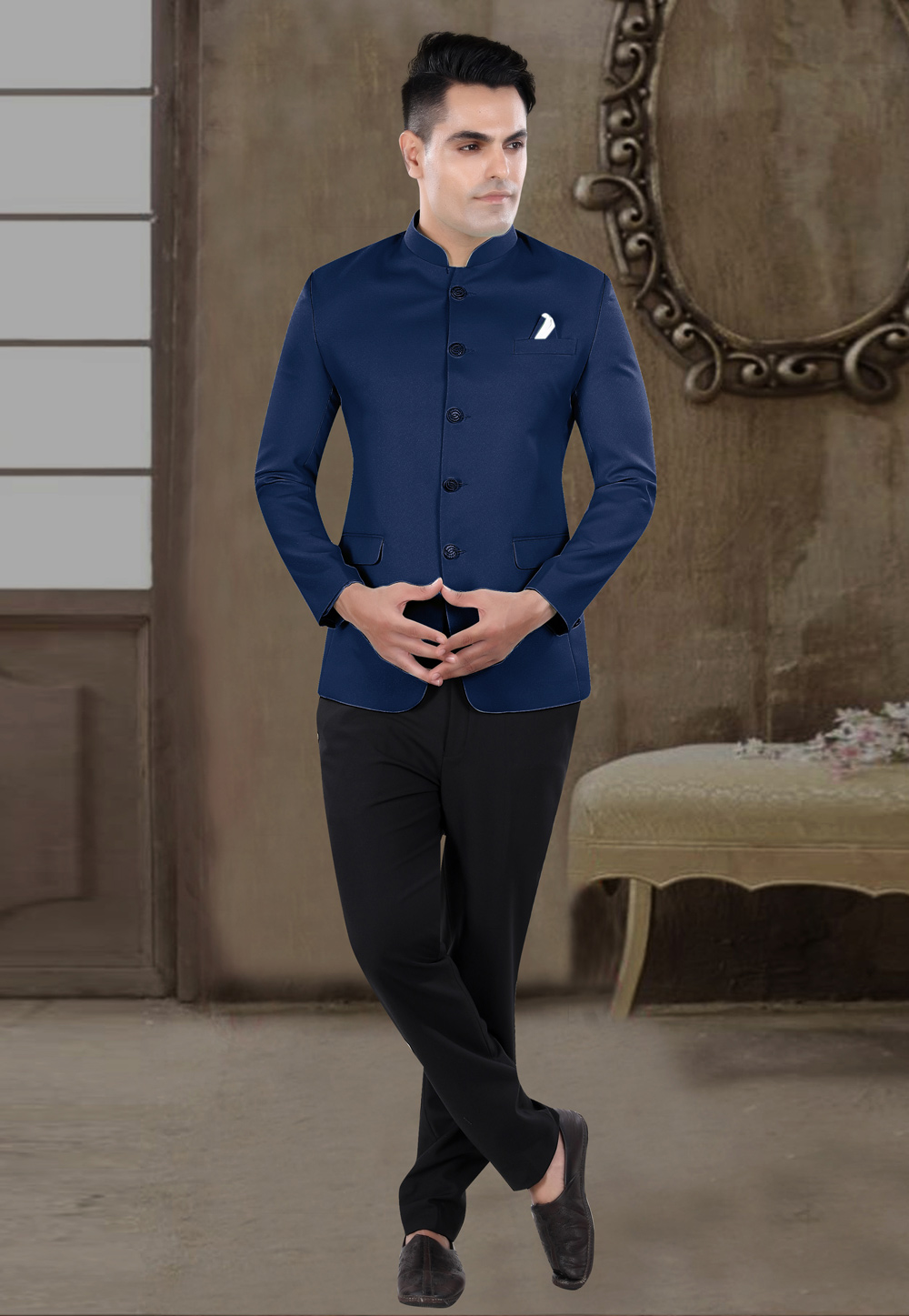 Navy Blue Viscose Jodhpuri Suit 306417
