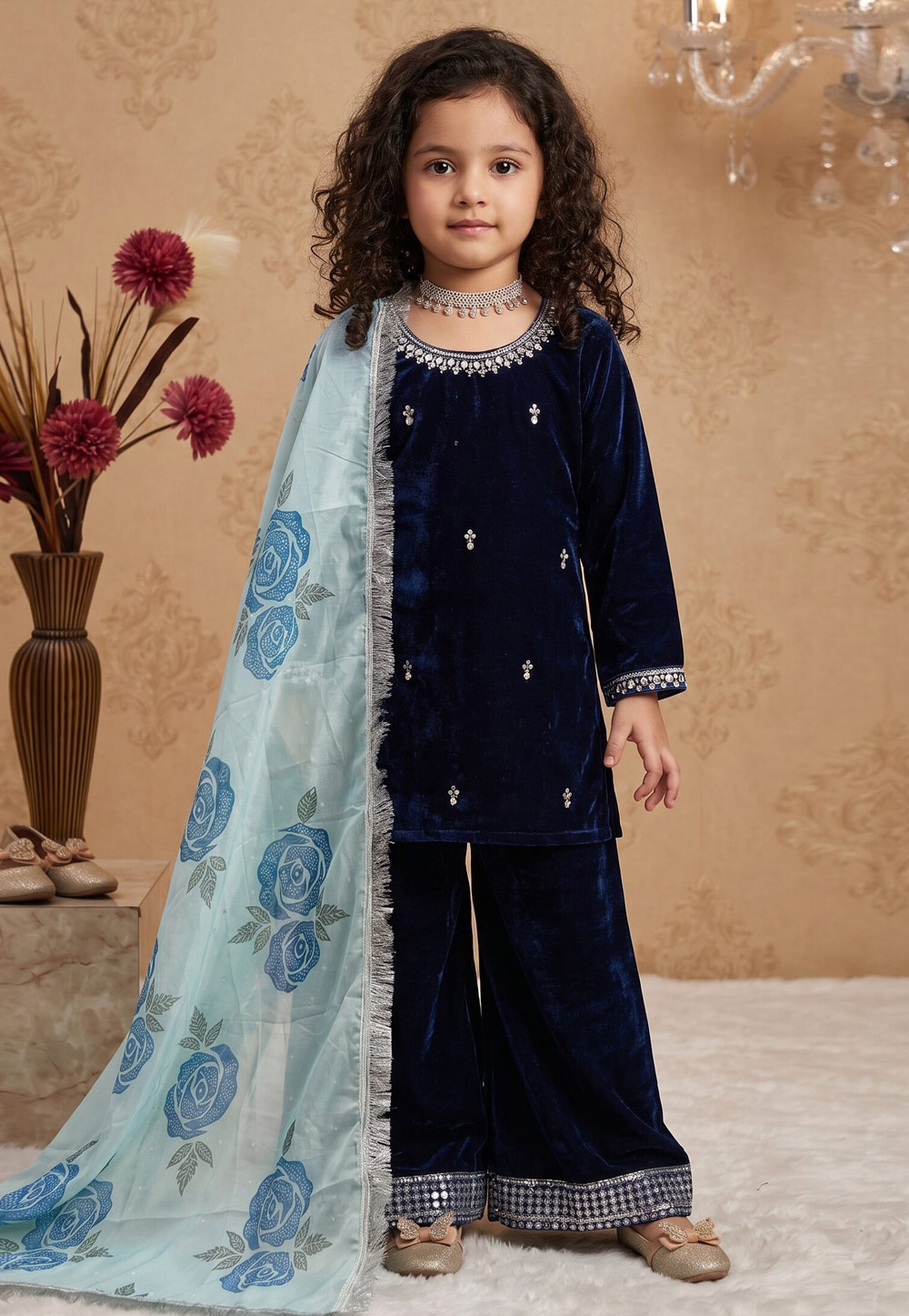 Navy Blue Viscose Kids Palazzo Suit 329469