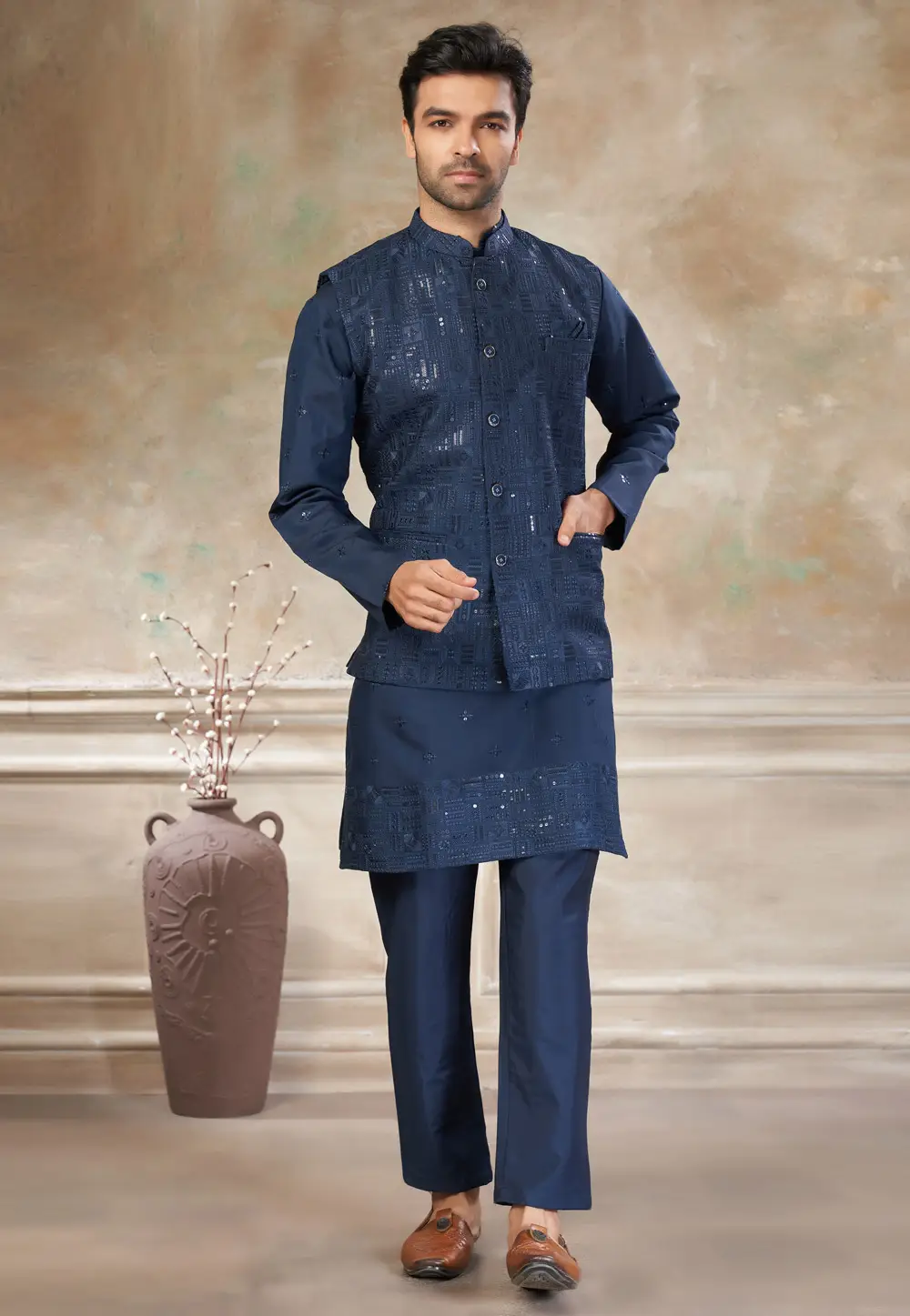 Navy Blue Viscose Kurta Pajama With Jacket 331112