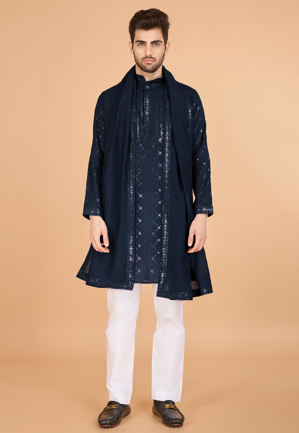 Navy Blue Viscose Kurta Pajama With Stole 311706