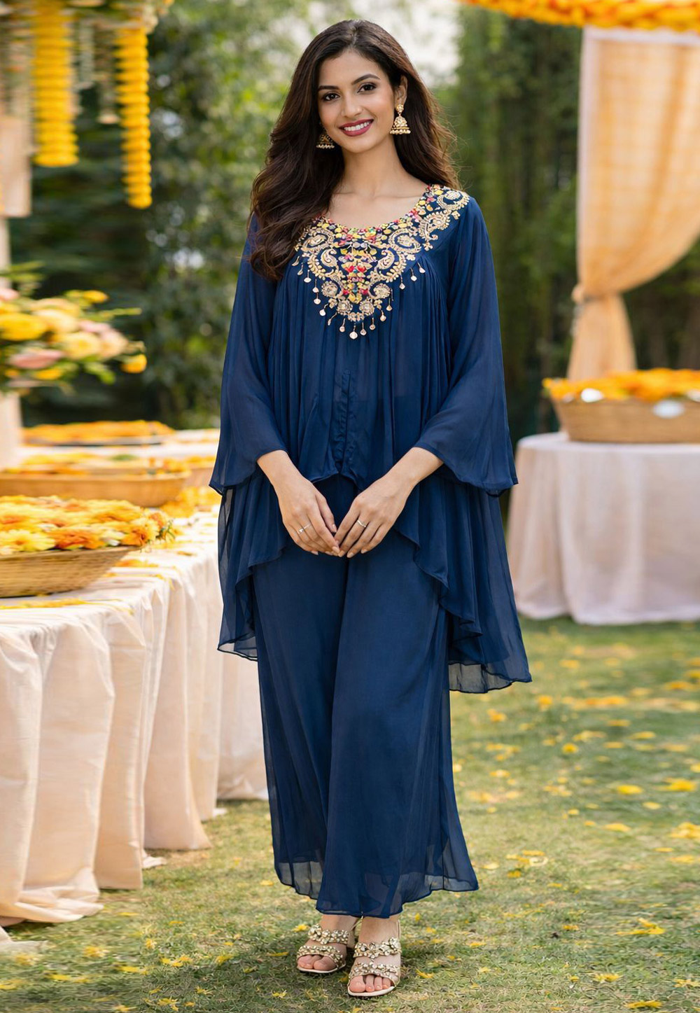 Navy Blue Viscose Kurta Set With Palazzo 322434