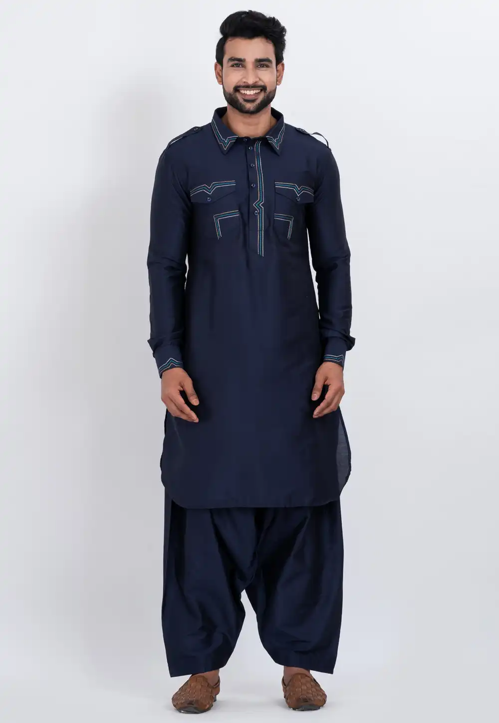 Navy Blue Viscose Pathani Suit 306739