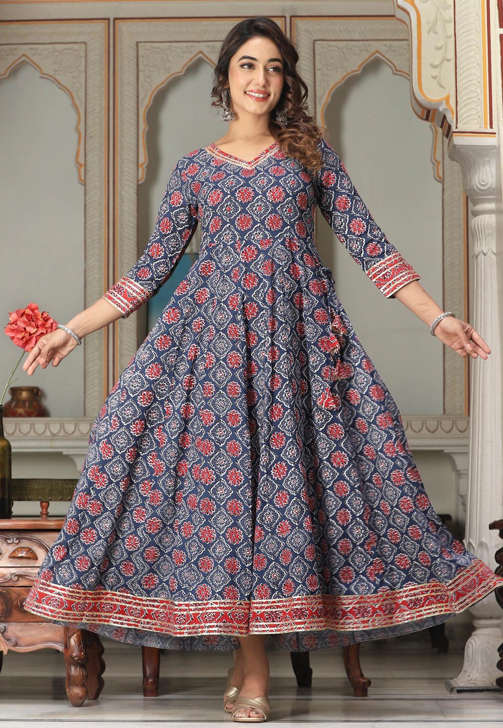 Navy Blue Viscose Printed Gown 280310