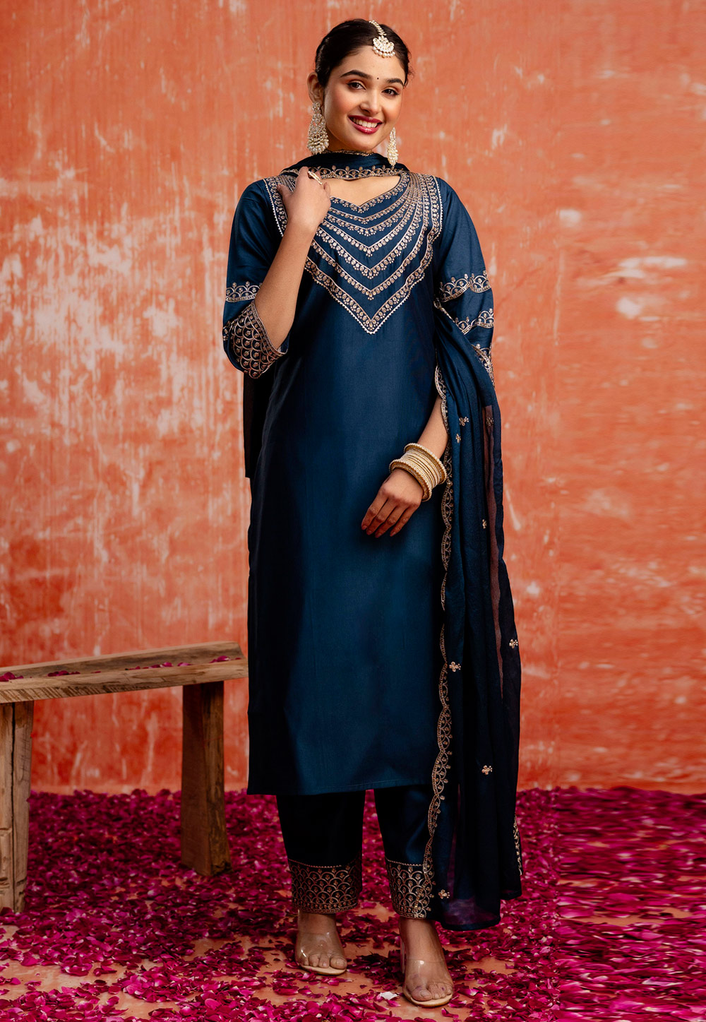 Navy Blue Viscose Rayon Readymade Pakistani Suit 311343