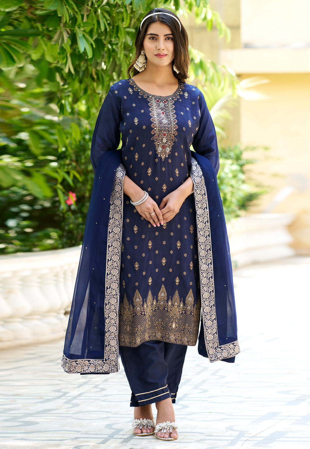 Navy Blue Viscose Rayon Readymade Pant Style Suit 308487