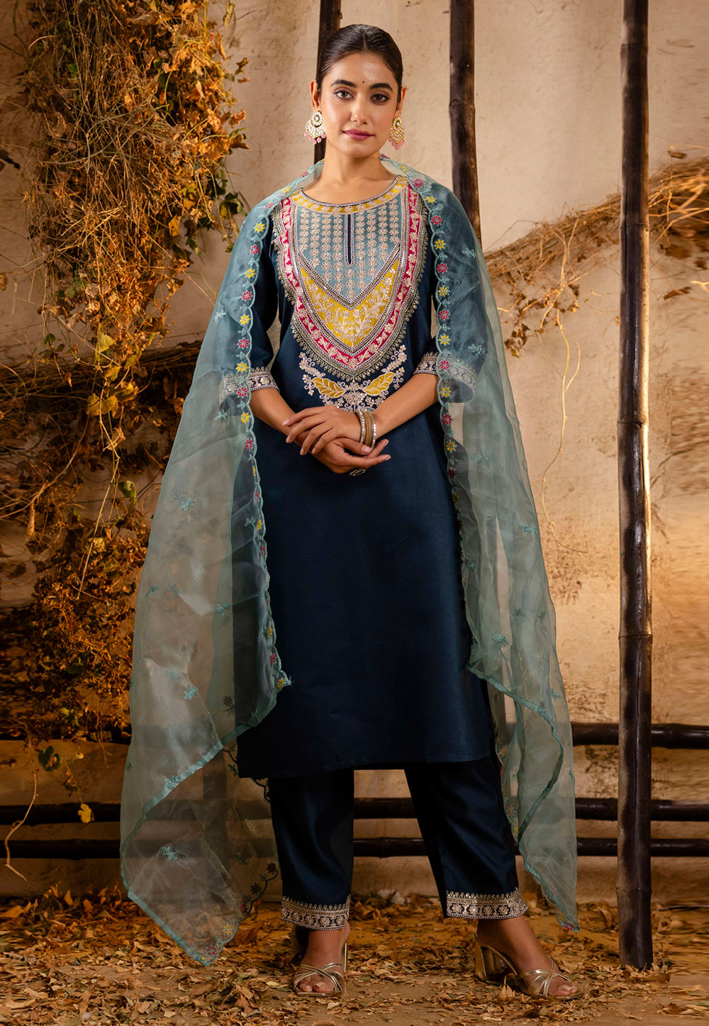 Navy Blue Viscose Rayon Readymade Pant Style Suit 309558