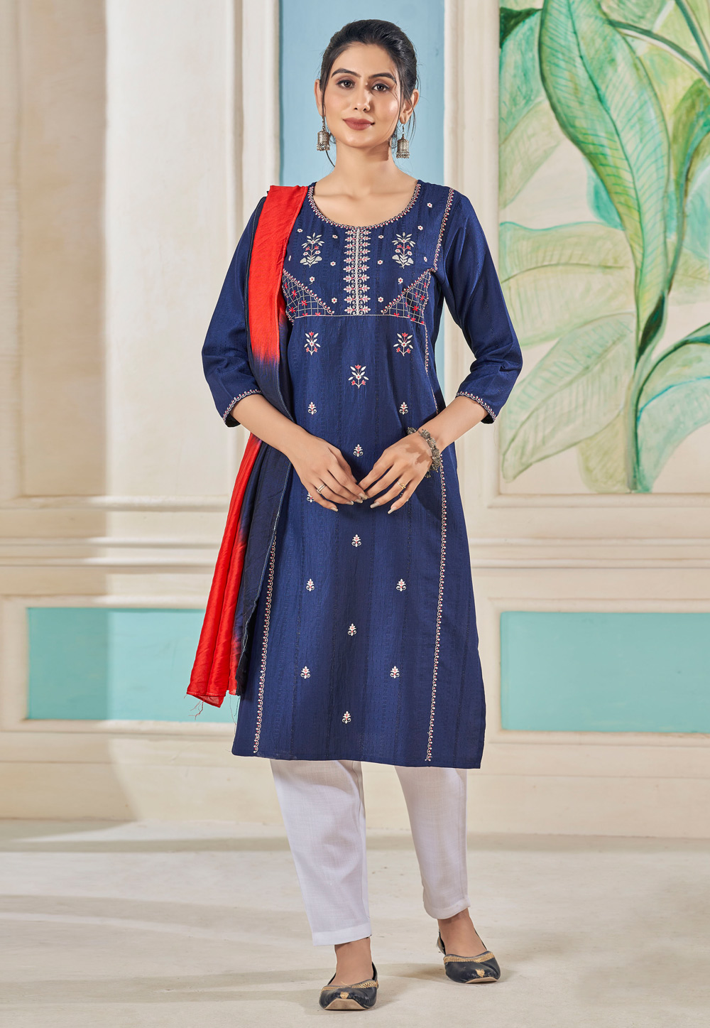 Navy Blue Viscose Readymade Pant Style Suit 281036