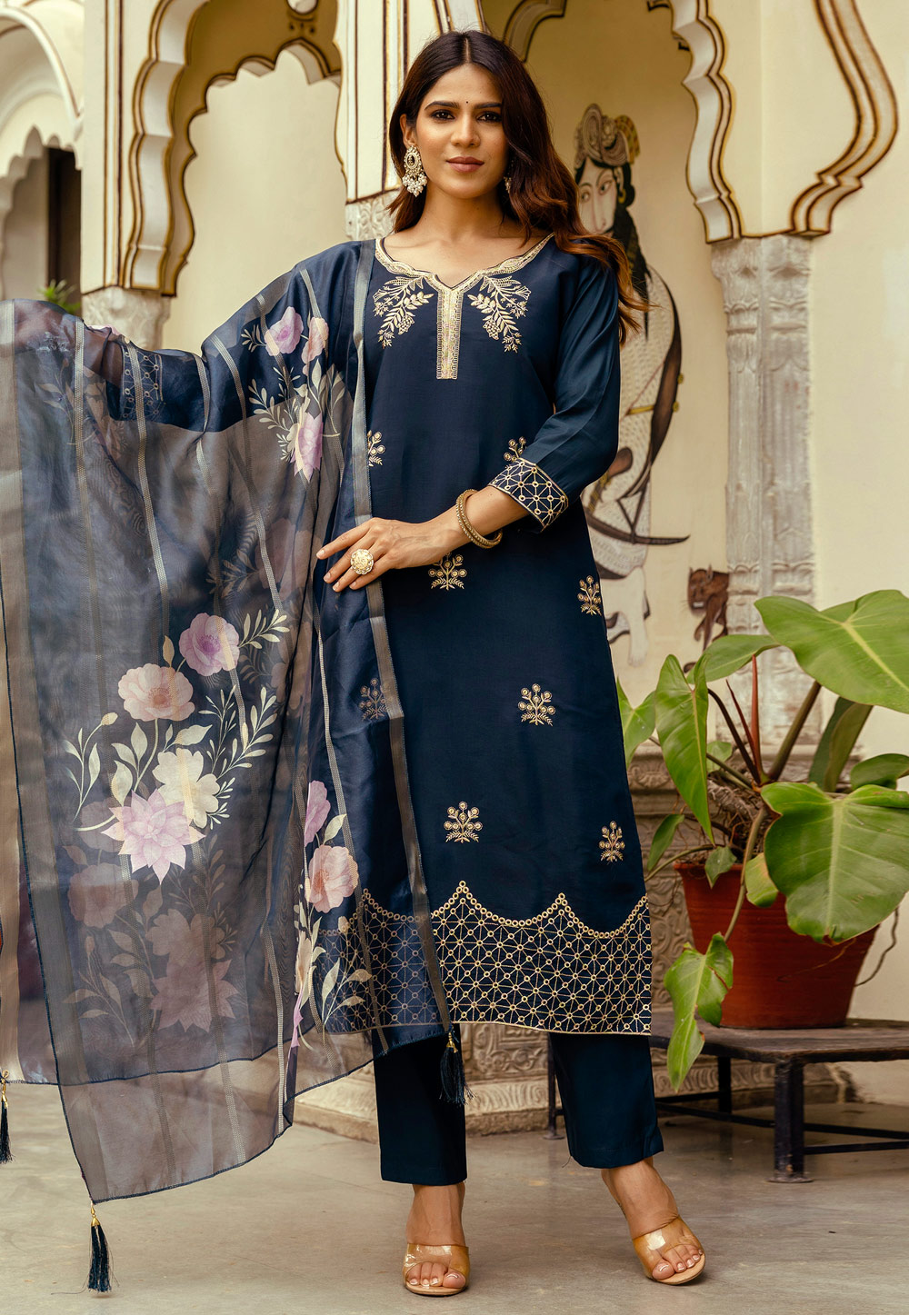 Navy Blue Viscose Readymade Pant Style Suit 319898
