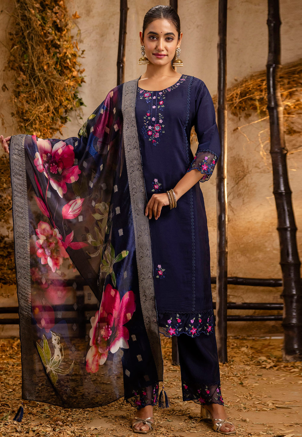 Navy Blue Viscose Readymade Pant Style Suit 308505