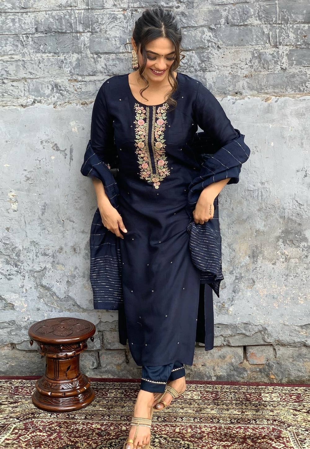 Navy Blue Viscose Readymade Pant Style Suit 308878