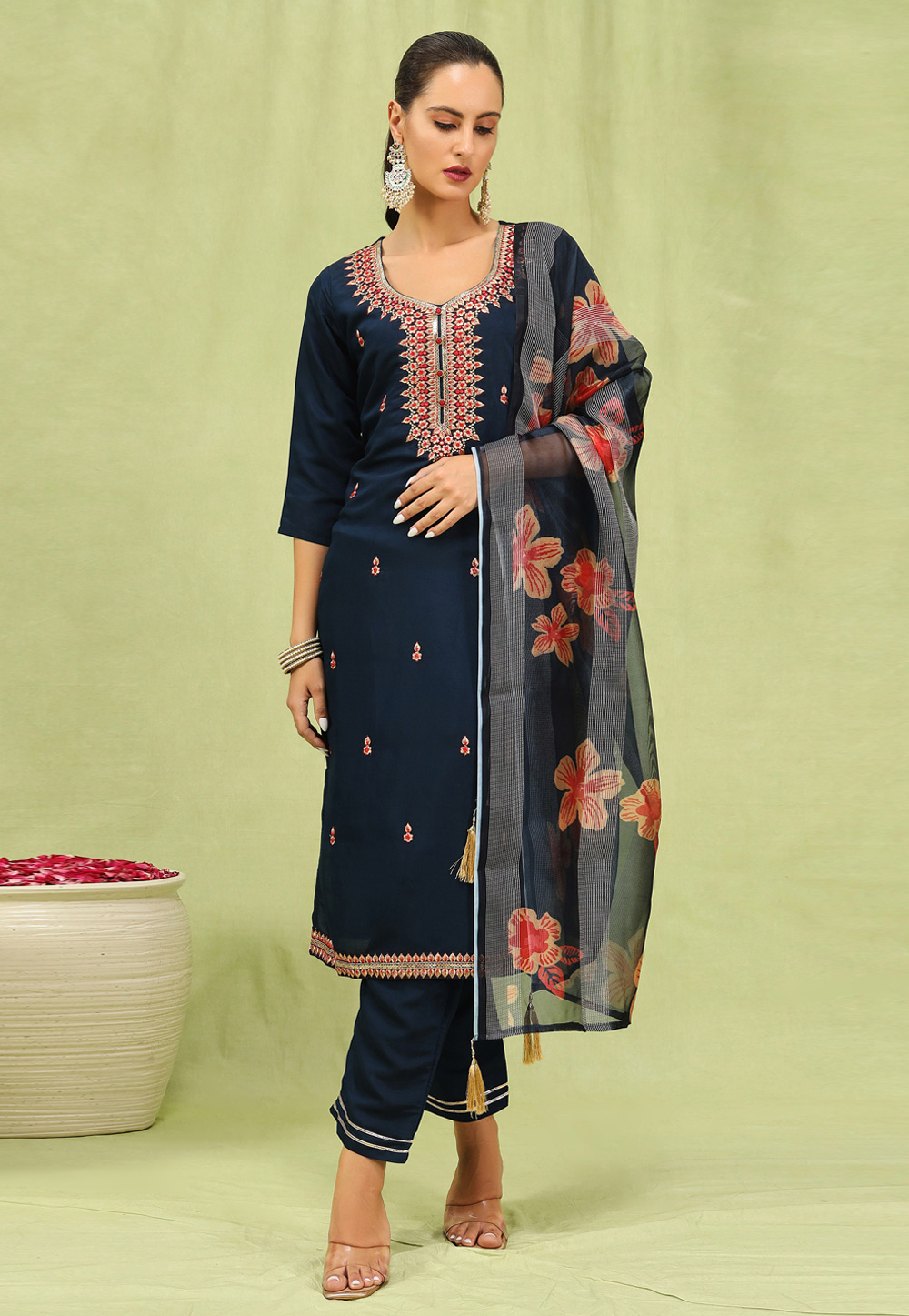 Navy Blue Viscose Readymade Pant Style Suit 329950
