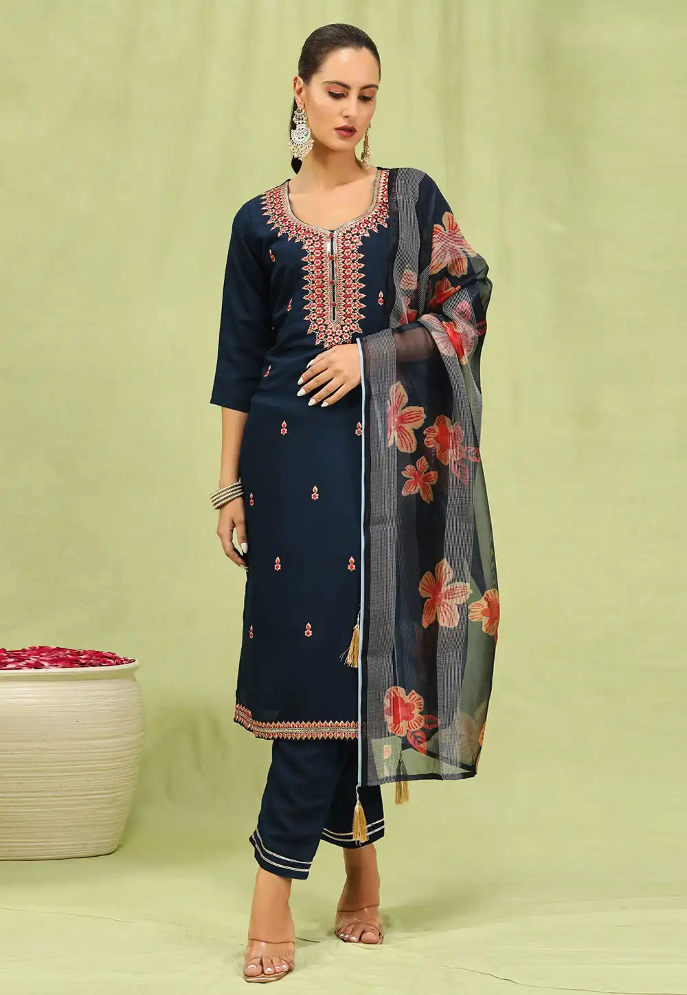 Navy Blue Viscose Readymade Pant Style Suit 329950