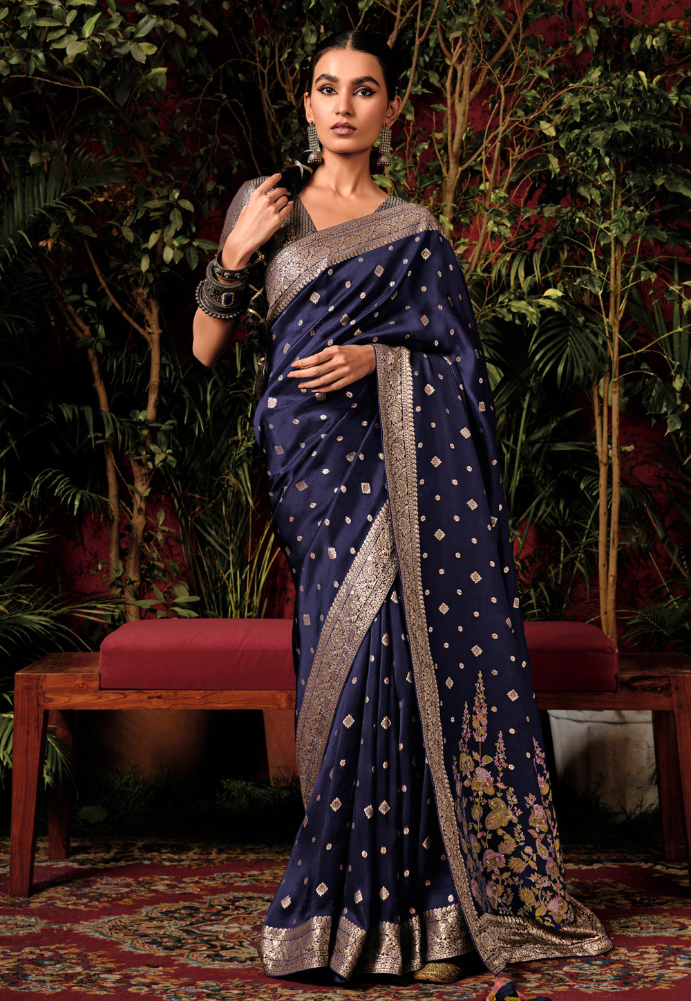 Navy Blue Viscose Saree With Blouse 280855