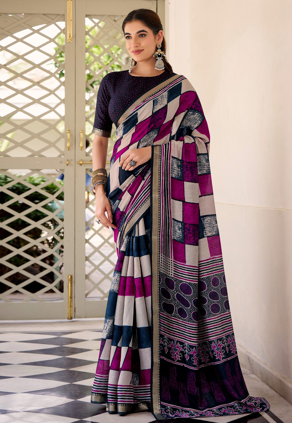 Navy Blue Viscose Saree With Blouse 329505