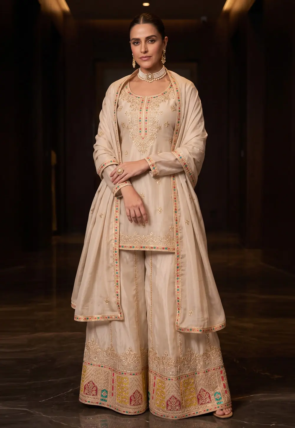 Neha Dhupia Beige Chinon Readymade Pakistani Suit 331532
