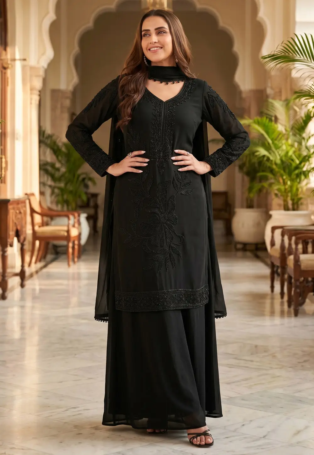 Neha Dhupia Black Chinon Readymade Palazzo Suit 331336