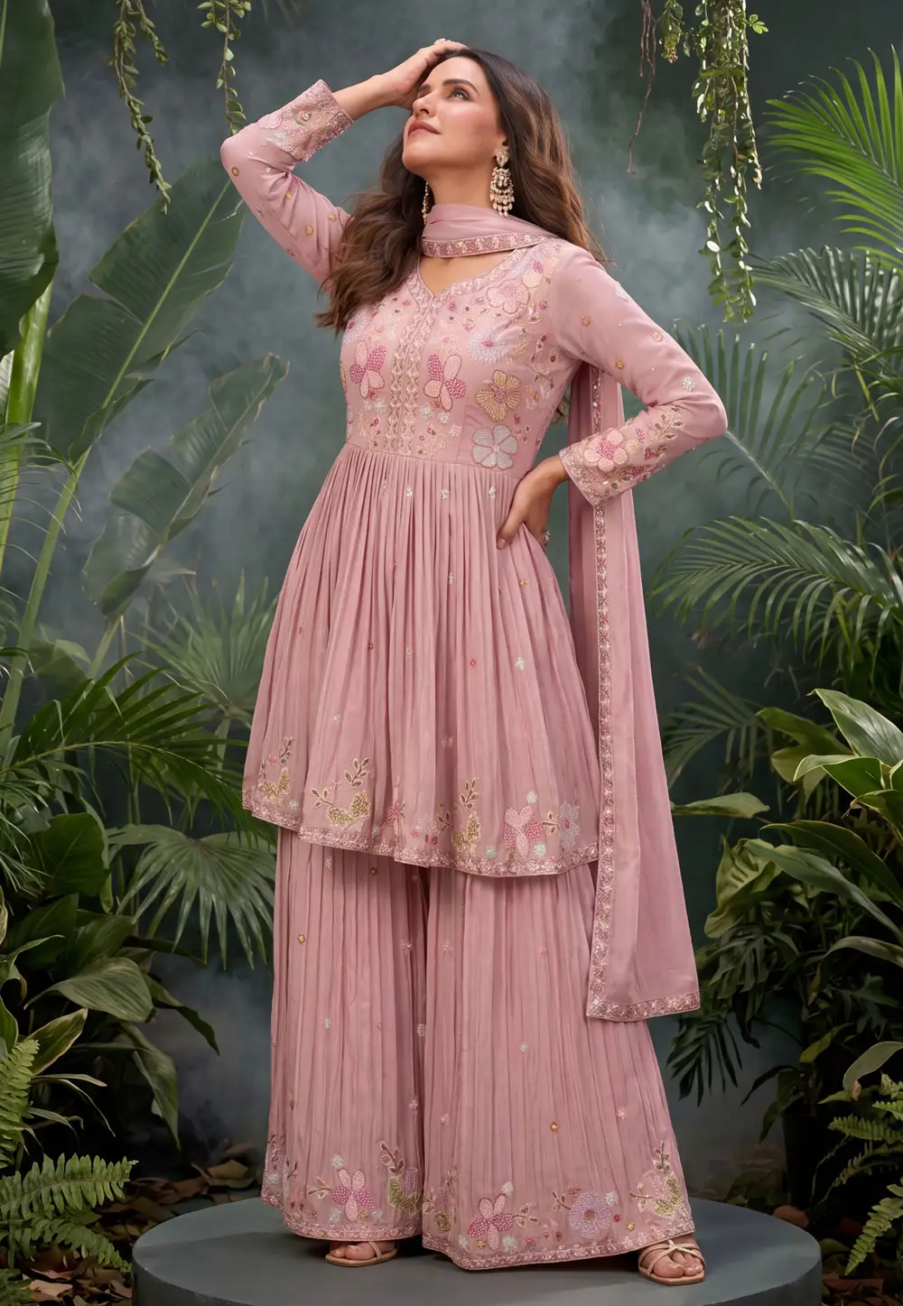 Neha Dhupia Pink Chinon Readymade Sharara Suit 331069