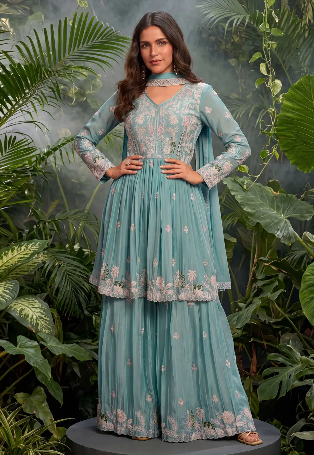 Neha Dhupia Sky Blue Chinon Readymade Gharara Suit 331068