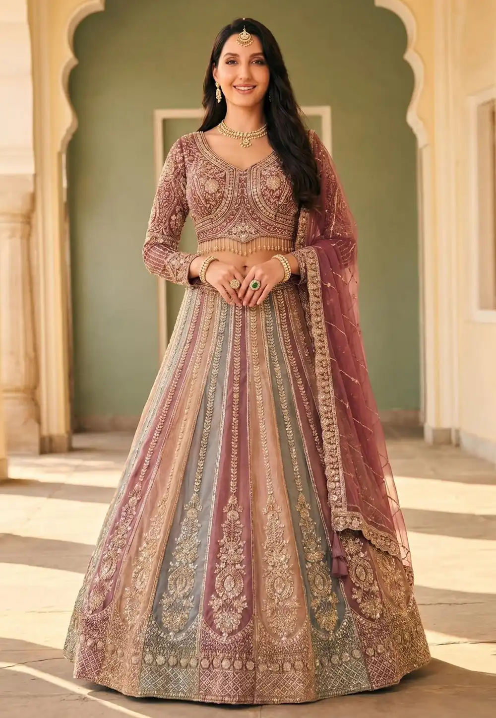 Nora Fatehi Mauve Net Lehenga Choli For Wedding 330450