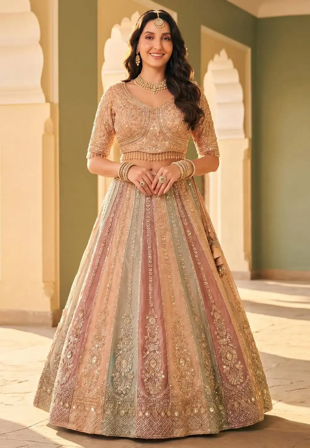 Nora Fatehi Peach Net Wedding Lehenga Choli 330449