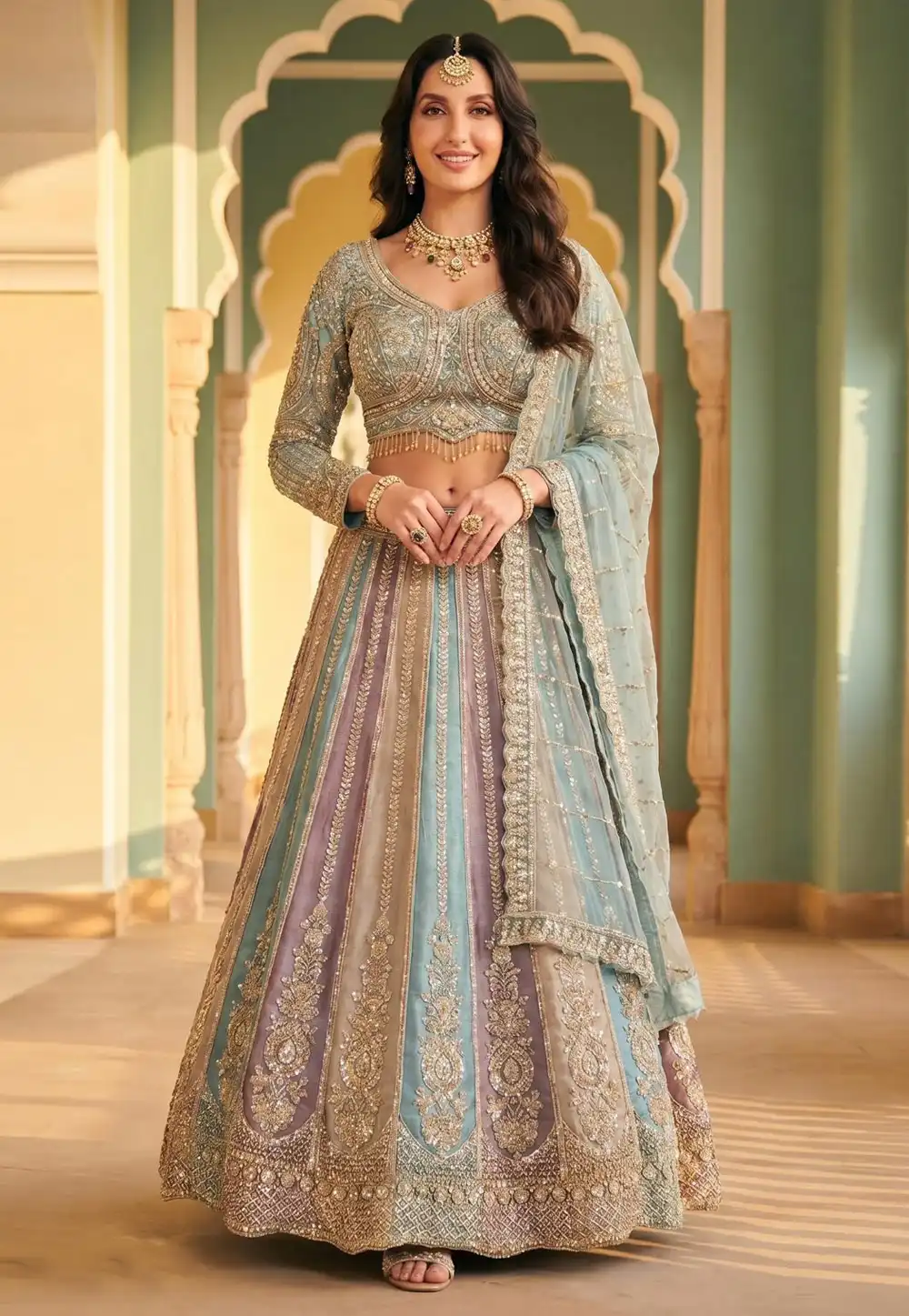Nora Fatehi Sky Blue Net Wedding Lehenga Choli 330451