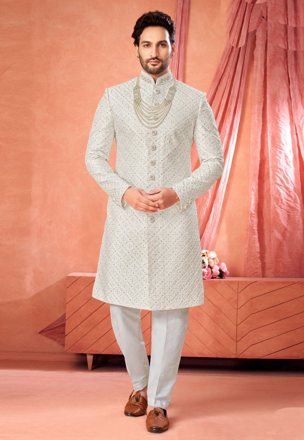 Off White Art Silk Achkan Style Sherwani 322486