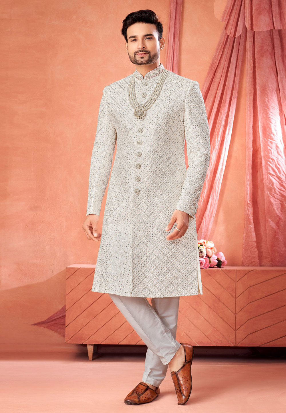 Off White Art Silk Achkan Style Sherwani 322487